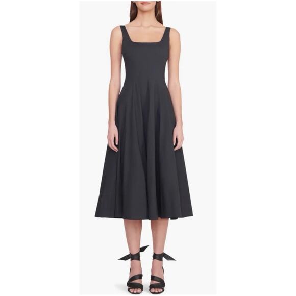 STAUD Wells Cotton Poplin A-Line Square Neck Full Skirt Midi Dress Black 6 - Picture 1 of 7